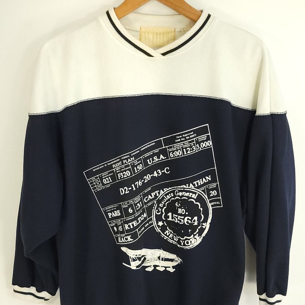 Vtg Authentic Whipp Graphic Sweatshirt Mens Large Navy Blue Cream Plane Pullover